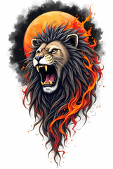 Illustration of an angry lion tattoo with black hair burning in flames against a black sun background. Generate AI
