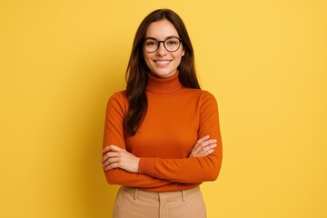 Obraz premium Confident young woman with glasses smiling in casual orange turtleneck and beige pants.