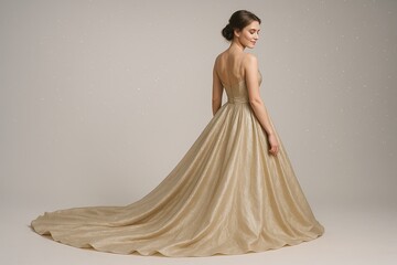 Fototapeta premium Elegant woman in flowing gold evening gown walking on neutral background.