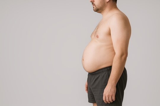 Side view of shirtless man with rounded belly wearing shorts against plain background.