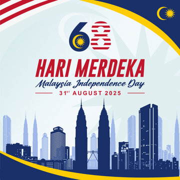 68th Malaysia "Merdeka Day" Means Independence Day 2025 greeting card, poster, banner, background, template. August 31st celebration of Hari Merdeka Malaysia national day.