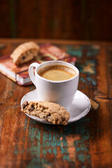Cup of coffee on wooden background. Soft focus. Copy space	