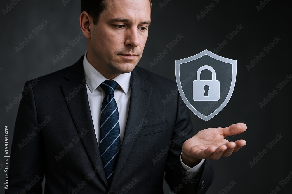 Poster businessman displaying a digital security shield symbolizing protection and cybersecurity.