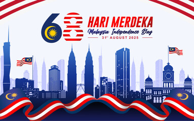 68th Malaysia "Merdeka Day" Means Independence Day 2025 greeting card, poster, banner, background, template. August 31st celebration of Hari Merdeka Malaysia national day.