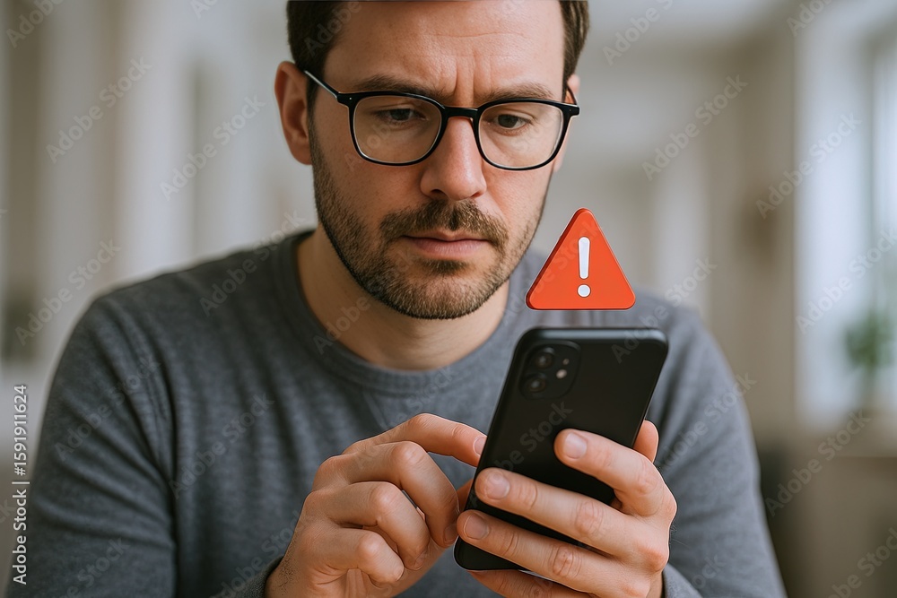 Poster man with glasses and serious expression using smartphone with alert icon indoors.