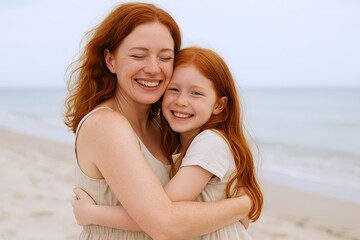 Joyful mother and daughter with red hair hugging happily on beach during daytime.