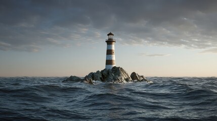 Striking lighthouse stands tall on rocky island amidst turbulent ocean waves under cloudy sky seascape view