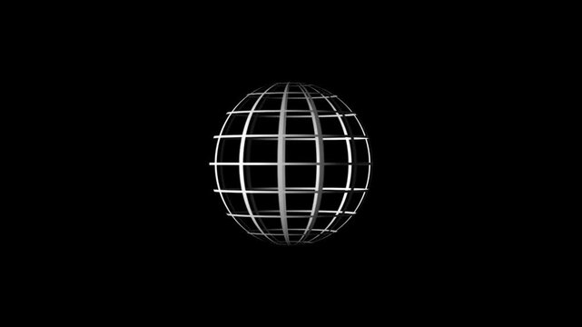 sphere in the form of a metal cage rotates on a black background. Rotating Grid Sphere Animation. Globe 3D Grid Animation Sherise Effect with Dynamic Mesh Structure in Black Background.