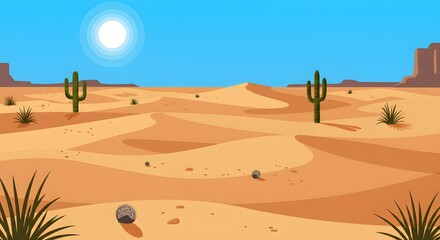 Flat illustration of cactus and hills under bright desert sky, great for website backgrounds, kids education apps, or branding.
