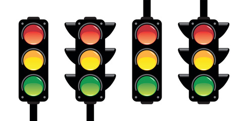 Four types of traffic lights are showing red, yellow and green signals