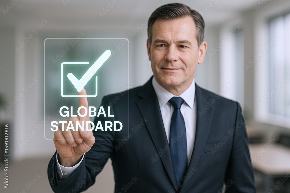 Poster businessman pointing at transparent digital checkmark icon with global standard text.