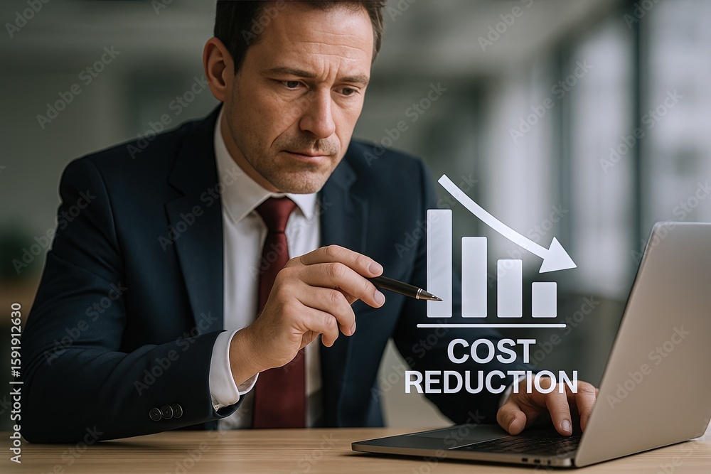 Poster businessman analyzing financial graph showing cost reduction and declining trend.