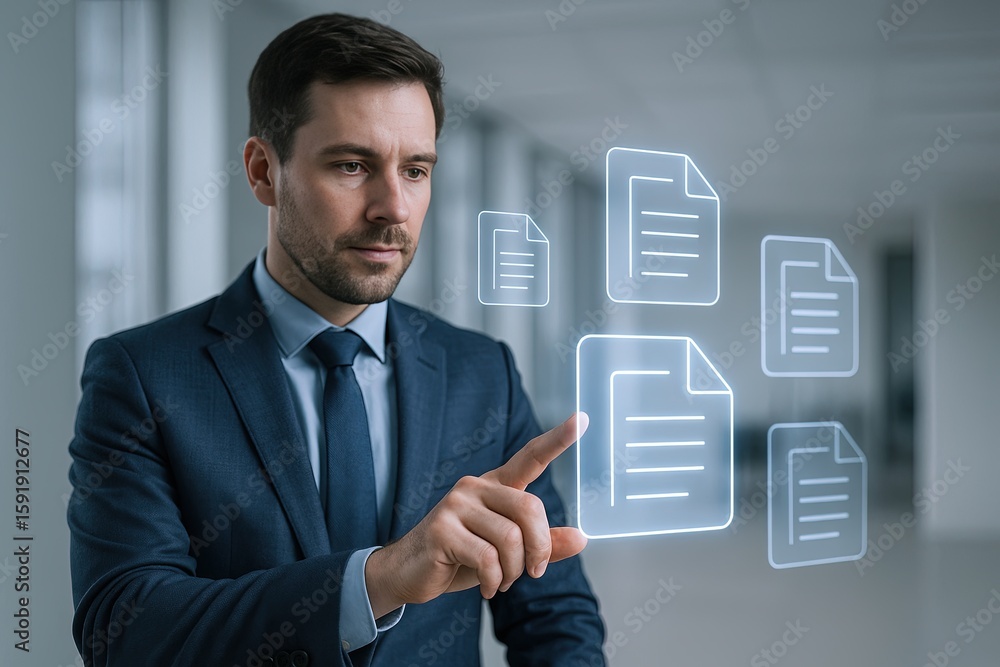Poster businessman using futuristic digital interface with floating document icons in modern office.