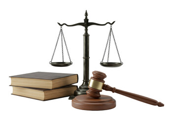 Vintage dark metal scales of justice, polished wood gavel, and antique leather law books, still life, isolated on pristine transparent studio background with copy space, perfectly lit, shadowless,