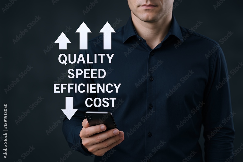 Poster businessman using smartphone with digital icons symbolizing quality speed efficiency and cost.