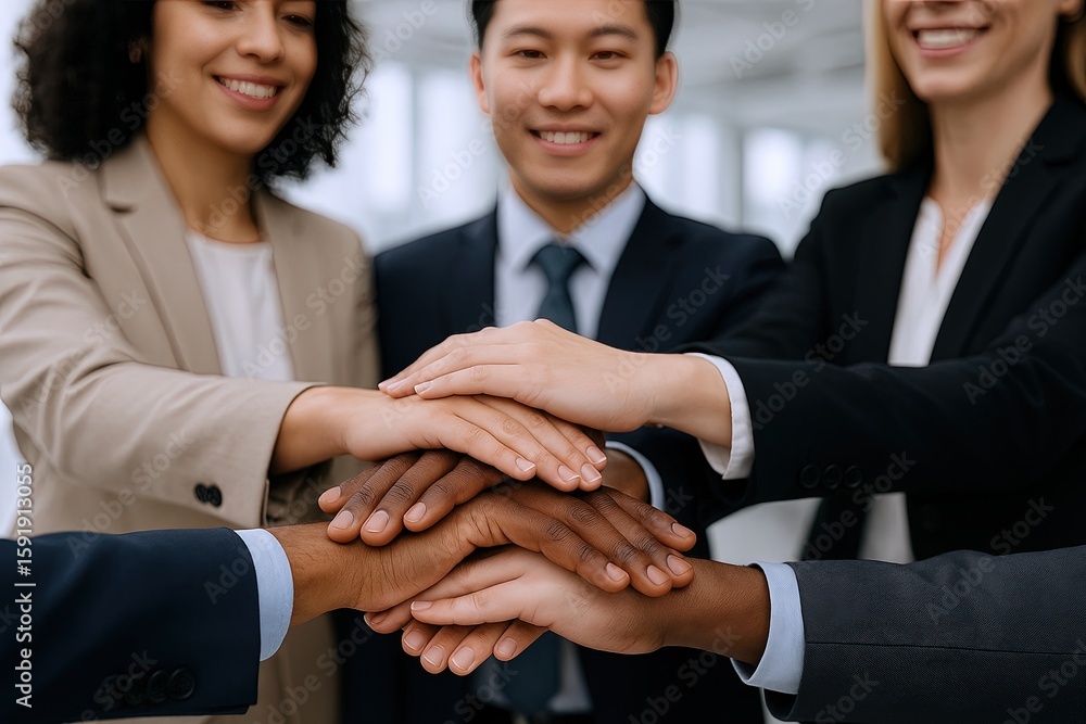 Poster diverse business team showing unity and collaboration with hand stack in office.
