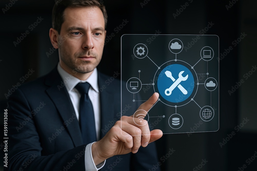 Poster businessman interacting with digital interface icons representing technology and support.