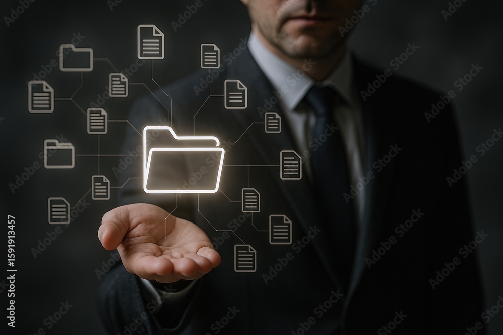 Poster businessman holding glowing digital document folder with floating file icons in dark background.