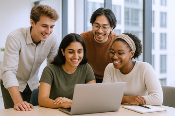 Diverse group of young adults collaborating and smiling while using laptop in modern office.