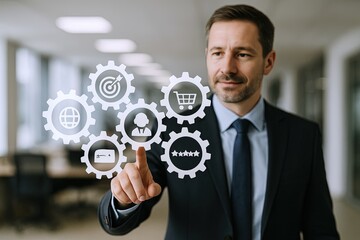 Businessman interacting with digital interface of gears and shopping cart symbols in modern office setting.