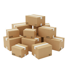 Fototapeta premium Scattered pile of new brown corrugated cardboard shipping boxes (small, medium, large), sealed with white tape, on a transparent background with copy space, high-key shadowless studio lighting.