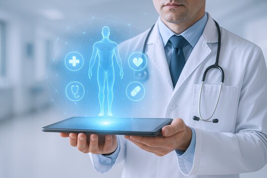 Medical doctor using digital technology and hologram to analyze human health data.