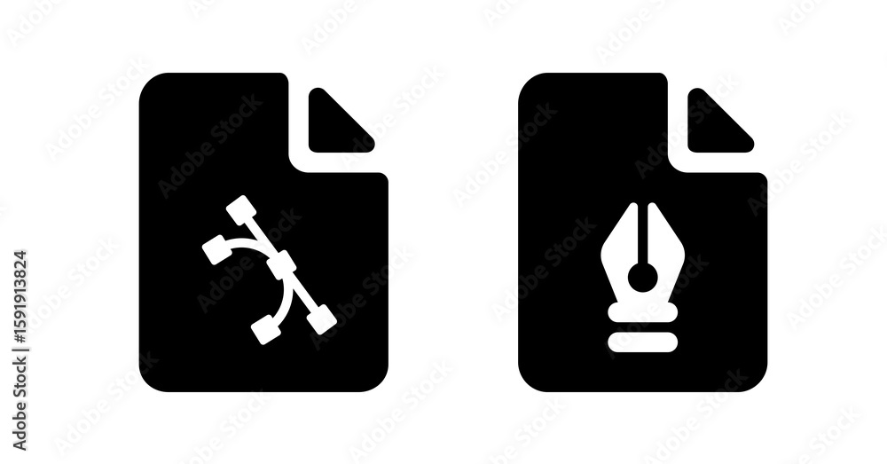 Poster black and white vector icons: design software file types, path and pen tool symbols.