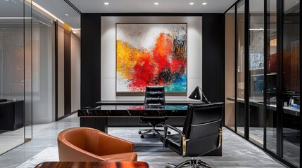 Modern office interior with abstract artwork, leather chairs, and glass partitions.