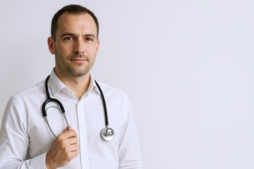 Fototapeta premium confident male doctor holding stethoscope in white coat with medical background.
