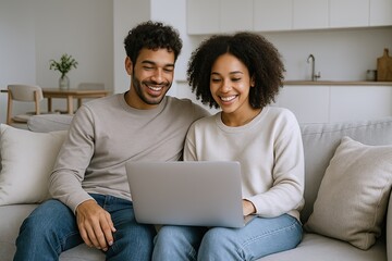 Happy diverse couple using laptop together at home in cozy modern kitchen setting.