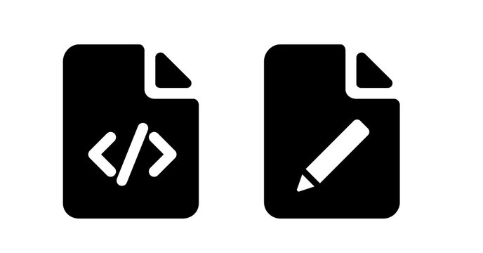 Modern minimalist coding and editing file icons:  bold black glyphs on white.