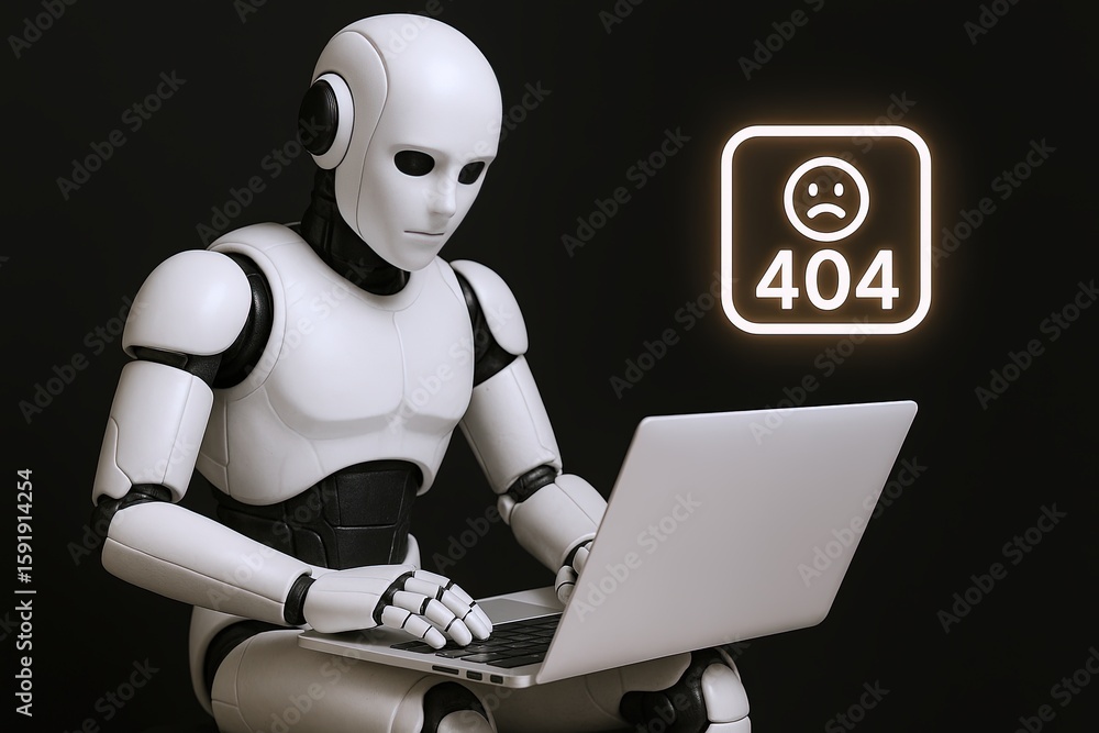 Poster futuristic humanoid robot working on a laptop with 404 error message in a digital setting.