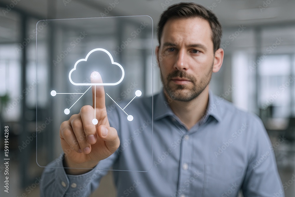 Poster professional man touching cloud technology interface with digital network connection in modern offic