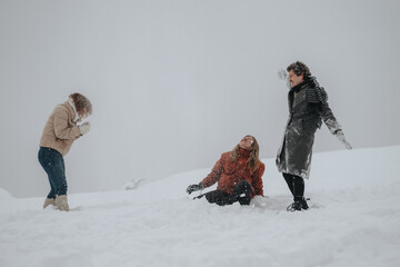 Friends spend a joyous time outdoors, playfully throwing snowballs amidst a serene snowy setting,...