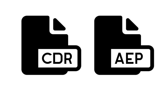 Black and white CDR and AEP file format icons; simple, bold design; digital data concept.