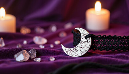 Crescent moon pendant on lace choker with candles, witchcore elegance