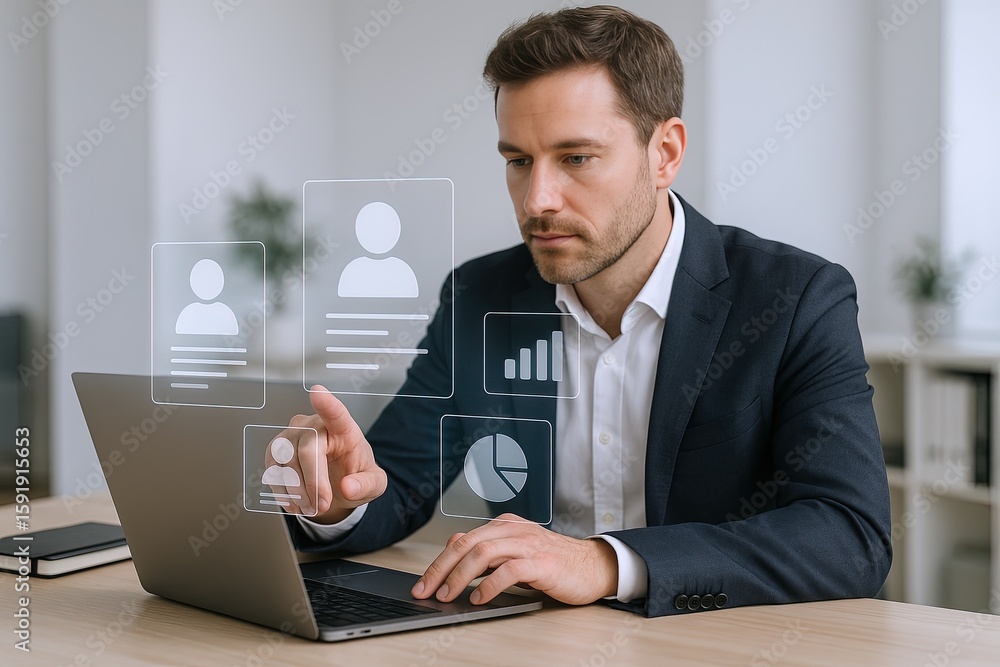 Poster businessman analyzing data and personal profiles using digital touchscreen technology.