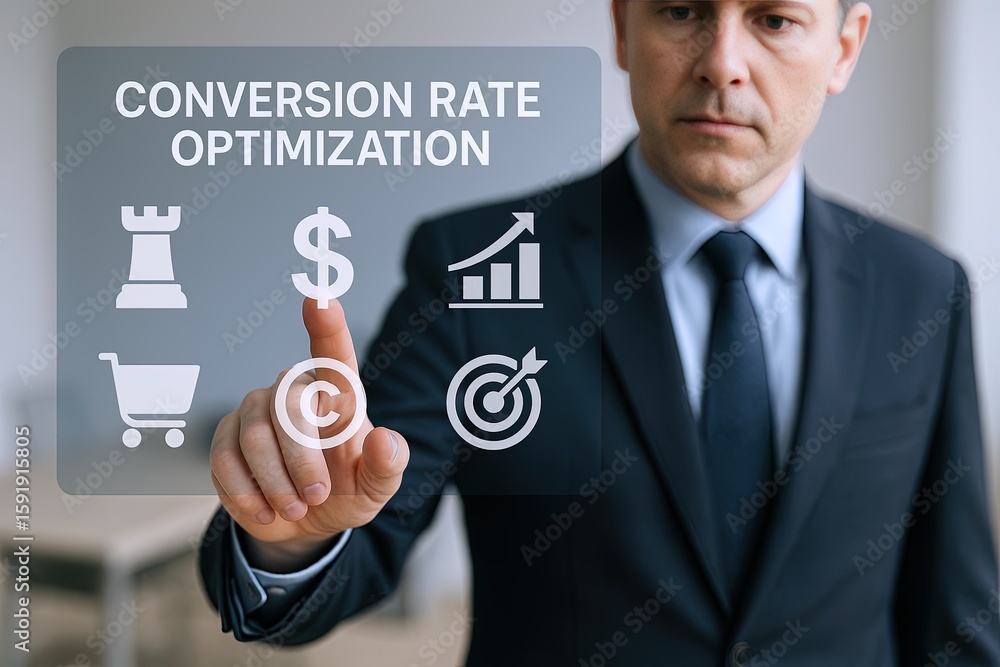 Poster businessman in formal suit pointing at digital interface with icons for growth and optimization.
