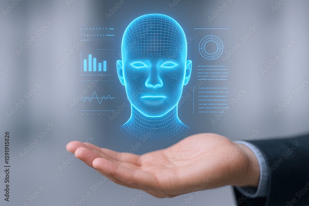 Poster futuristic digital human face hologram with data visualization and technology interface.