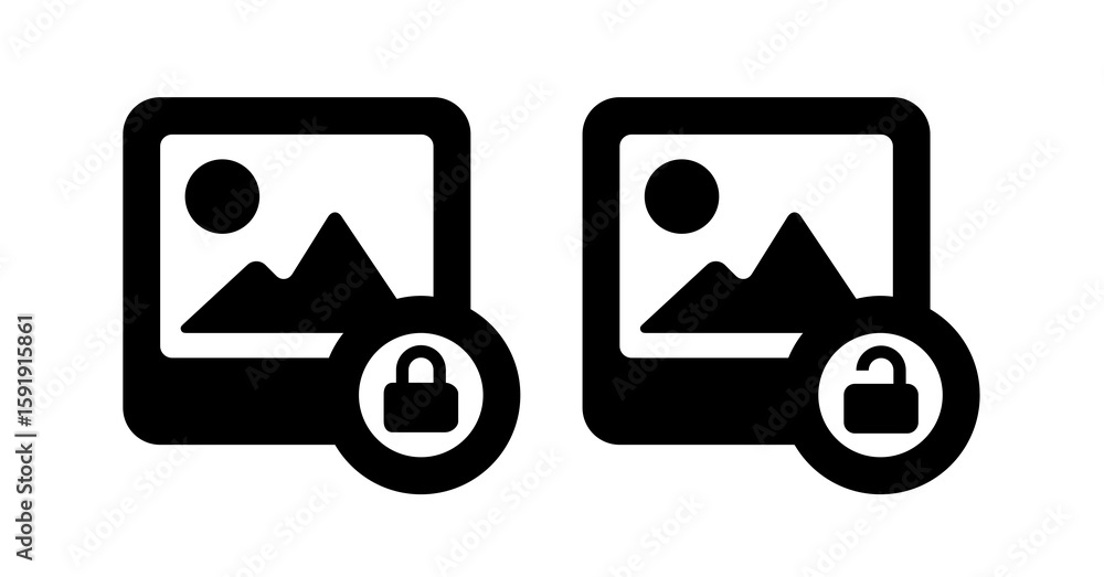 Poster black and white image lock and unlock icons: secure and insecure photo access.