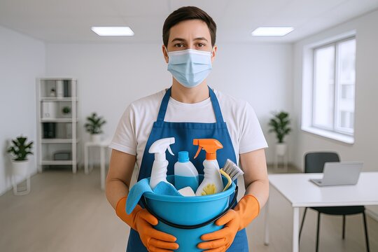 Young woman in face mask holding cleaning supplies in a bright modern office space. - Powered by Adobe