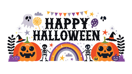 Happy halloween design with pumpkins skeletons ghost rainbow and witch hats festive celebration illustration