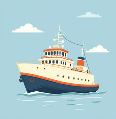 Fototapeta premium Flat Vector Illustration of a Ship Sailing in the Sea 
