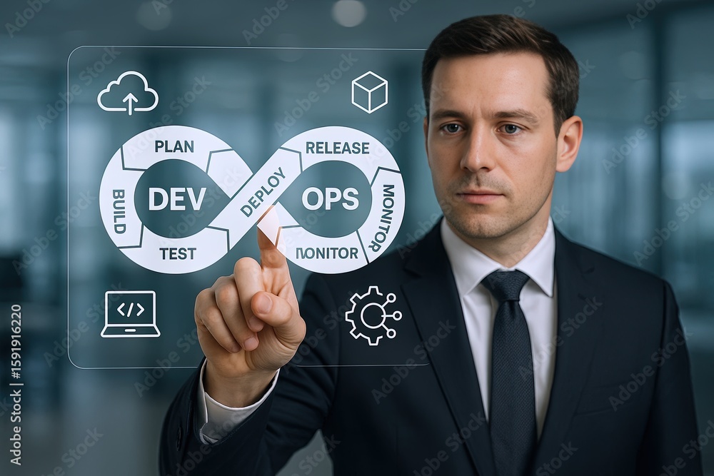 Poster businessman in formal suit interacting with digital development and operations icons on transparent 