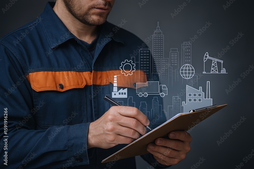 Poster technician or engineer analyzing digital interface with industrial icons and technology background.