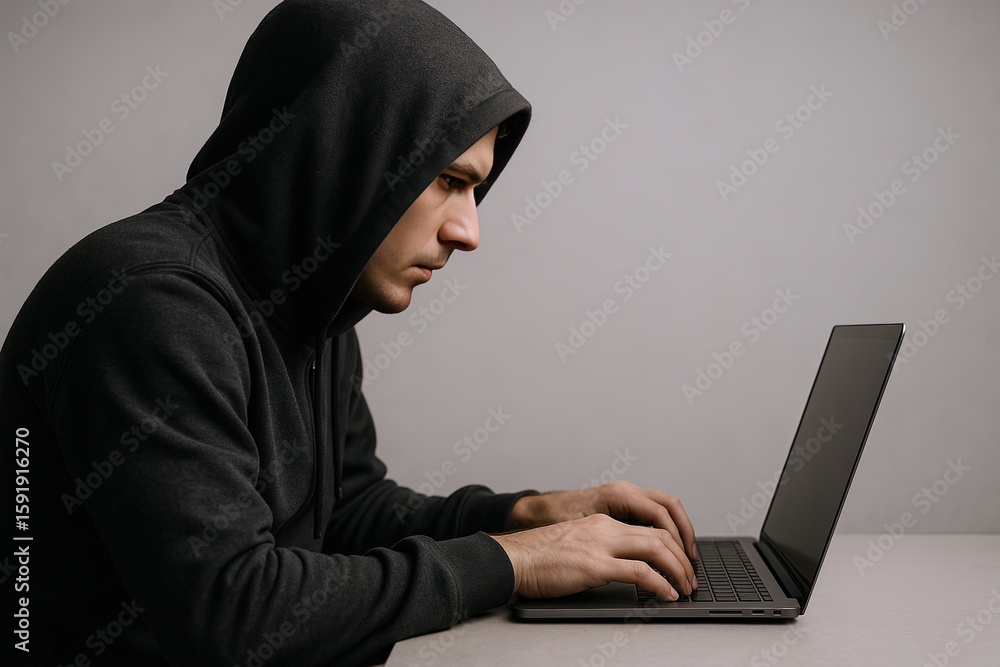 Poster man in black hoodie focused on working on laptop computer in a modern workspace.