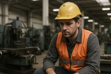 Male factory worker wearing safety helmet and vest working in industrial environment.