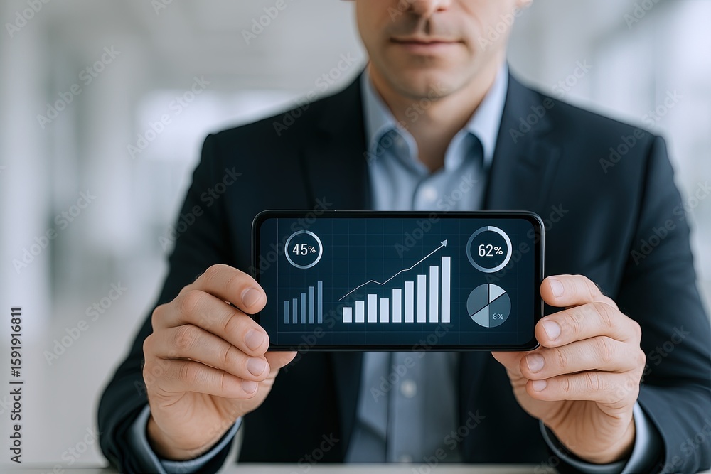 Aufkleber businessman holding smart technology smartphone display showing data charts and analytics.