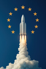 Naklejka premium Large white rocket launching into a dark blue sky with golden stars, surrounded by a ring of yellow stars representing the European Union, symbolizing space exploration and international collaboration