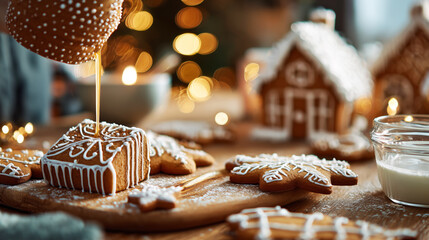 Realistic close-up of gingerbread cookies being decorated with white icing in a cozy Christmas kitchen. Homemade winter treats and traditional holiday baking